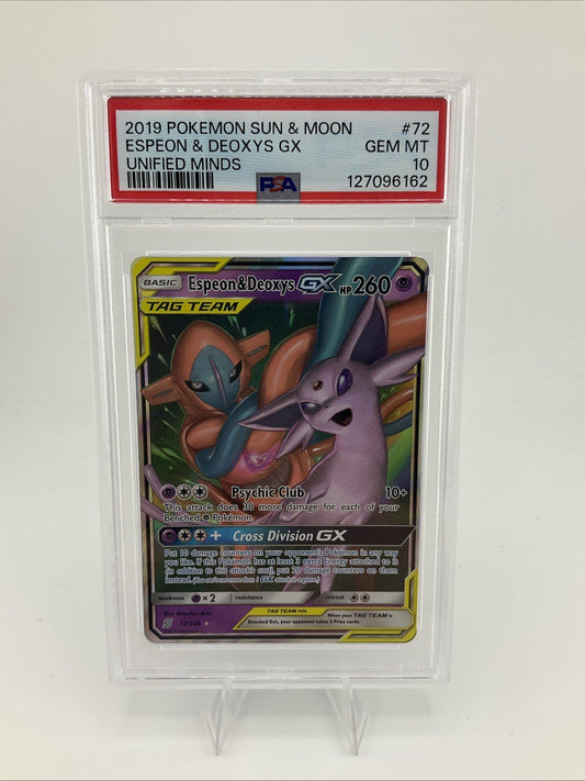 Pokemon Espeon & Deoxys GX - PSA 10 - #72 Unified Minds Sun & Moon