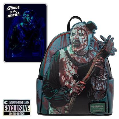Loungefly Terrifier Art the Clown Glow-in-the-Dark Blood Splatter Mini Backpack - Entertainment Earth Exclusive Faux Leather Horror Collectible Bag with Adjustable Straps, 10 x 9 x 6 Inches