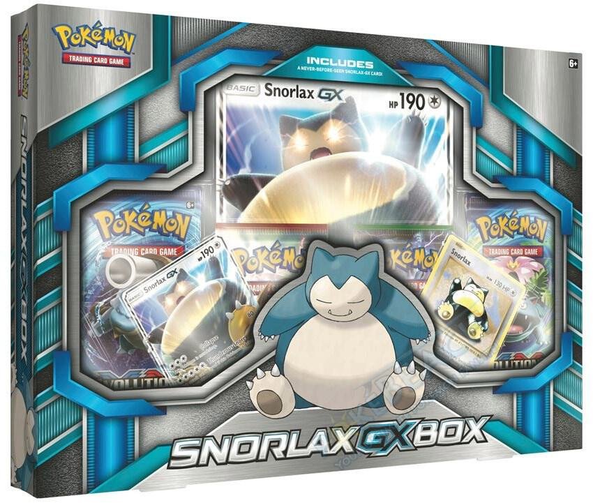 Pokemon TCG Snorlax GX Box with promo cards and booster packs for Pokémon card collectors.