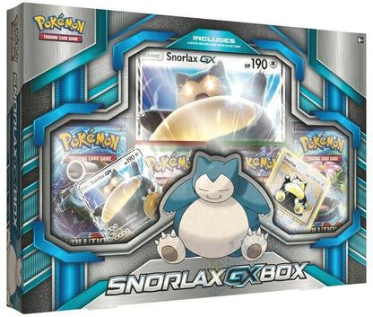 Pokemon TCG Snorlax GX Box with promo cards and booster packs for Pokémon card collectors.