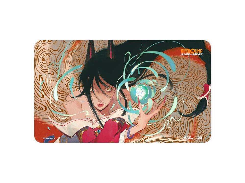 Riftbound League of Legends Ahri card game playmat with character artwork.
