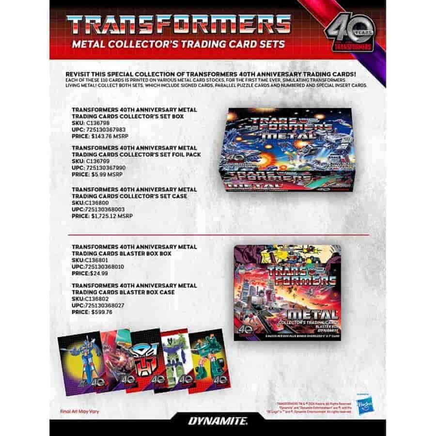 Transformers 40th Anniversary Metal Collector’s Trading Cards Blaster Box, 5 Packs, 2026 Dynamite Generation 1 Autobot and Decepticon Collectible Cards 
(PRE-ORDER)