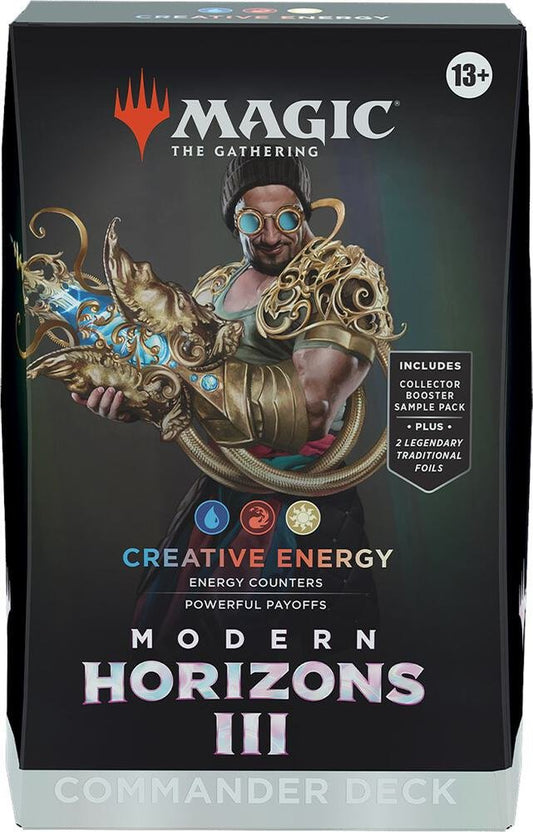 Power up your MTG games with the Magic: The Gathering Modern Horizons 3 Creative Energy Commander Deck. This ready-to-play magic commander deck includes a Collector Booster Sample Pack and 2 legendary traditional foil cards, perfect for fans of collectible card games and MTG Commander.